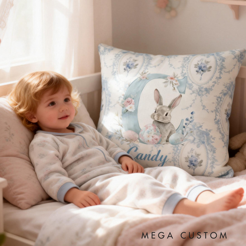 Personalized Bunny Theme Custom Name Soft Blue Floral Rabbit Pattern Baby Nursery 3D Print Pillow