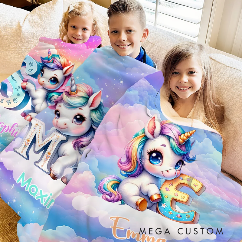 Personalized Gradient Dreamy Fantasy Unicorn Initial Design Soft Throw Blanket with Name Room Decor Christmas Gift for Women Girls