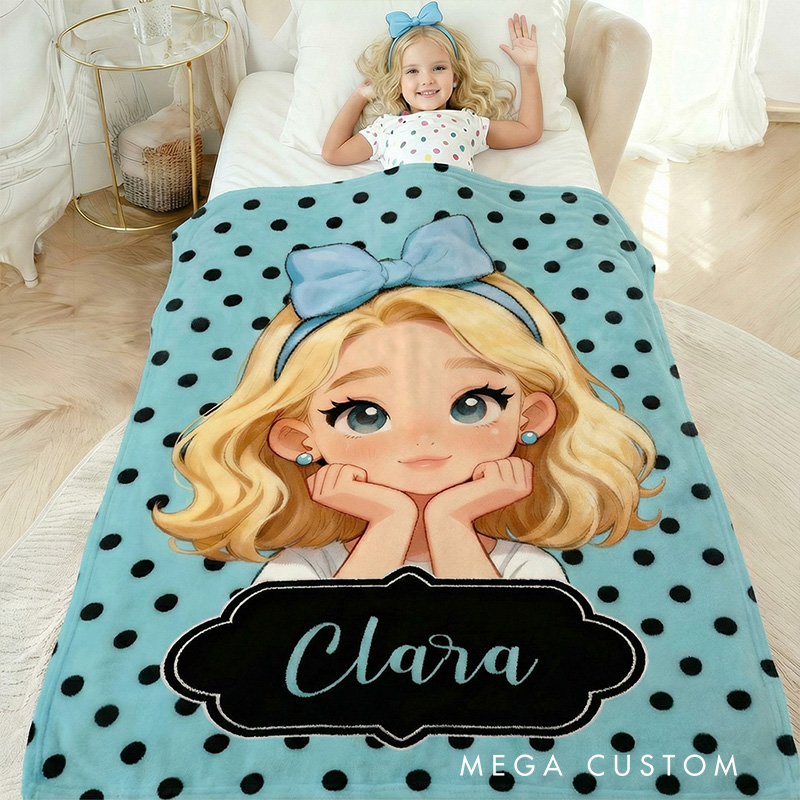 Personalized Girl Theme Custom Name Cute Pink Polka Dot Cartoon Character Style Soft Blanket