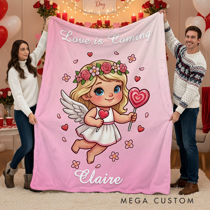 Personalized Name Valentine's Angel Pink Blanket Flannel Sherpa Throw for Bed Couch Home Decor Anniversary Valentine's Day Gift for Couples