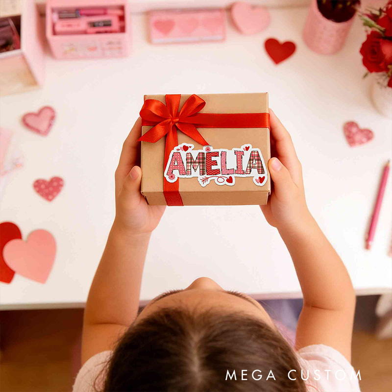 Personalized Valentine Theme Custom Name Cute Red Heart Love Pattern Gift Bag Stickers