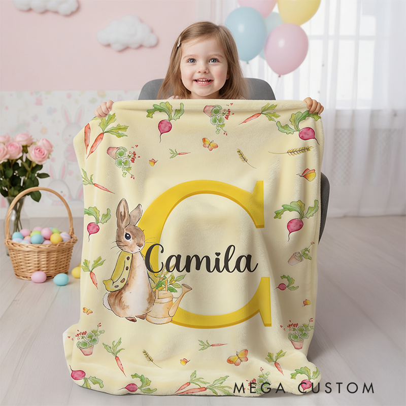 Personalized Name Peter Rabbit Bunny Alphabet Blanket Flannel Sherpa Bed Couch Throw Nursery Home Decor Birthday Easter Gift for Newborns Kids