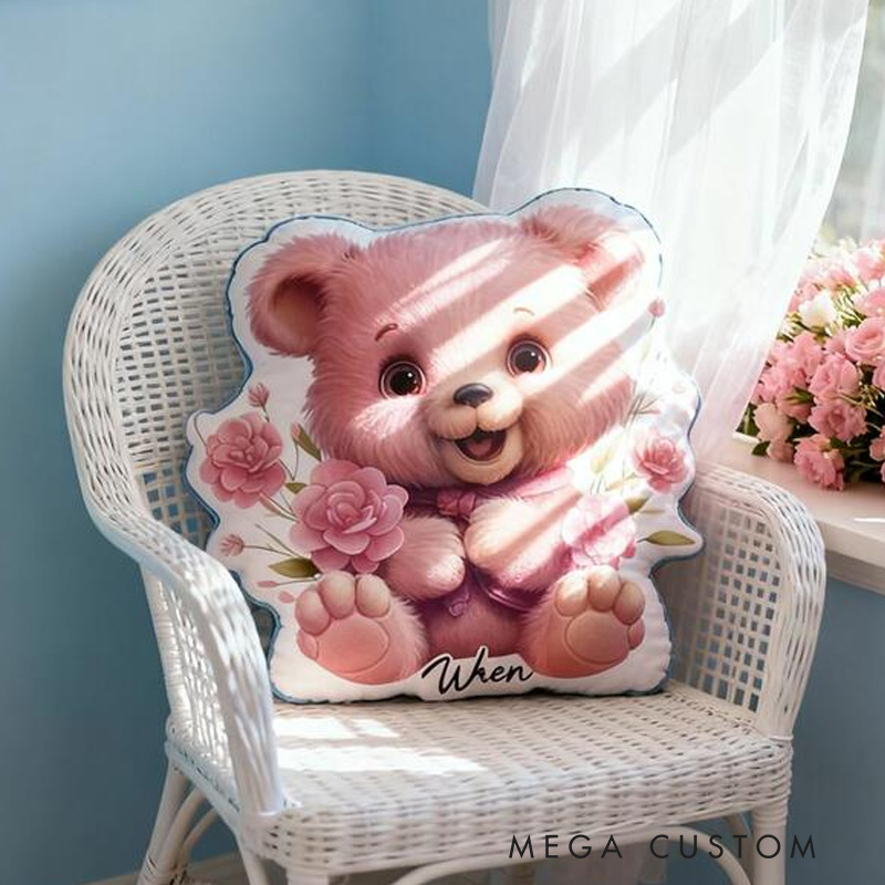 Personalized Nursery Decor Theme Custom Name Charming Pink Teddy with Floral Details 3D Print Pillow