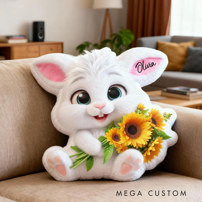 Personalized Bunny Theme Custom Name Cute White Rabbit Holding Sunflowers Soft 3D Print Pillow