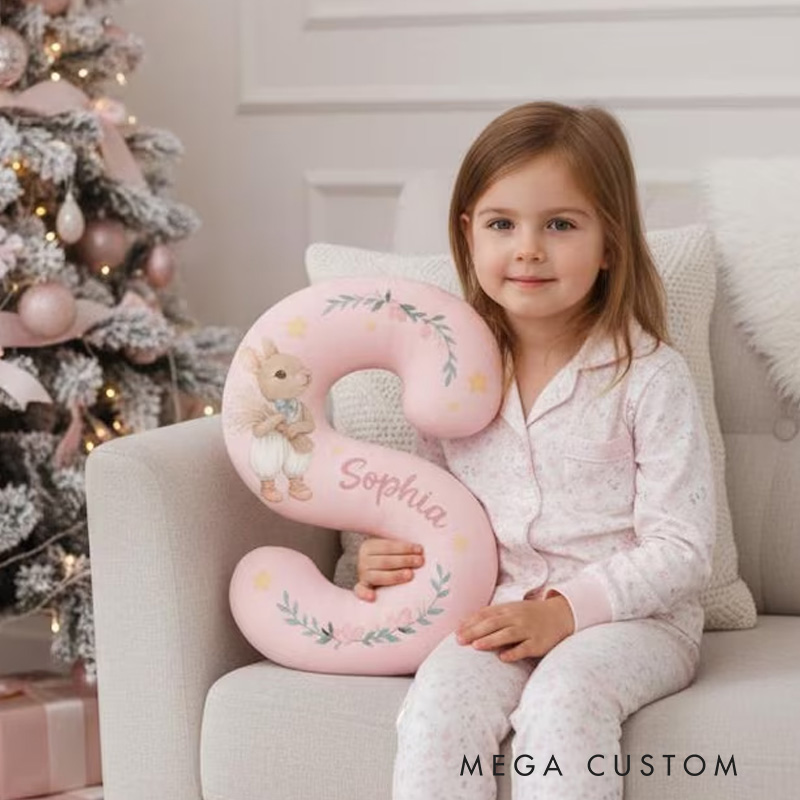 Personalized Nursery Theme Custom Name Soft Blue Letter Shape with Adorable Bunny 3D Print Pillow