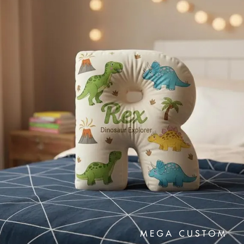 Personalized Dinosaur Theme Custom Name Alphabet Letter Cushion with Cute Dinos 3D Print Pillow