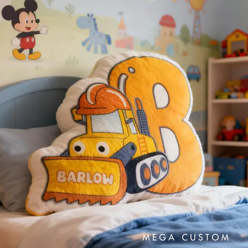 Personalized Construction Theme Custom Name Yellow Alphabet Cushion with Excavator 3D Print Pillow