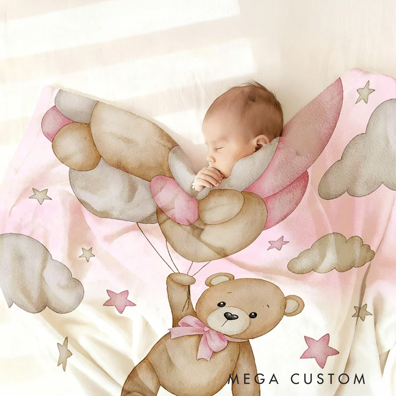 Personalized Bear Balloon Soft Throw Blanket with Name Home Decor Birthday Baby Shower Gift for Newborns Kids