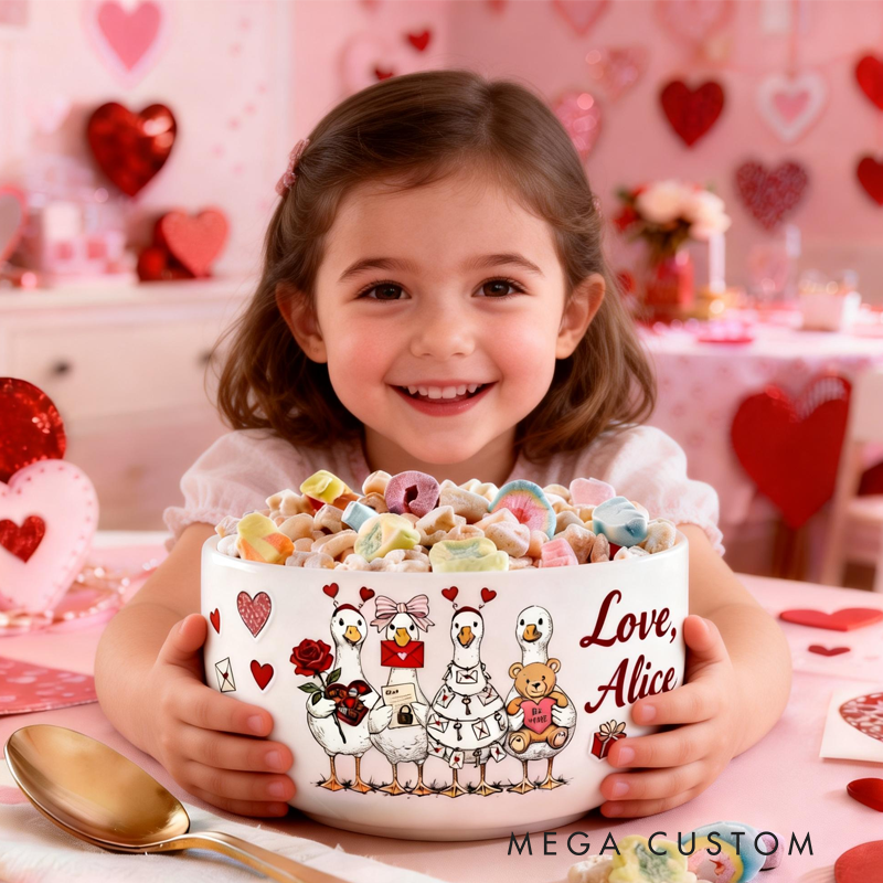 Personalized Pink Coquette Valentine Goose Cereal Bowl Valentine's Day Gifts