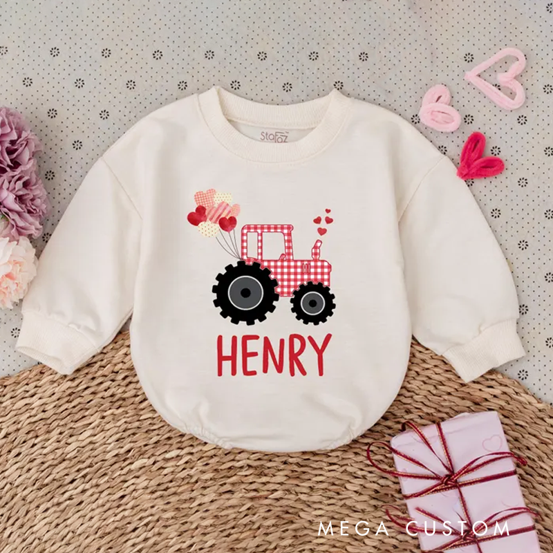 Personalized Cute Valentine's Day Tractor Bubble Romper Gift for Baby Tee Baby Girl Valentines Bodysuit