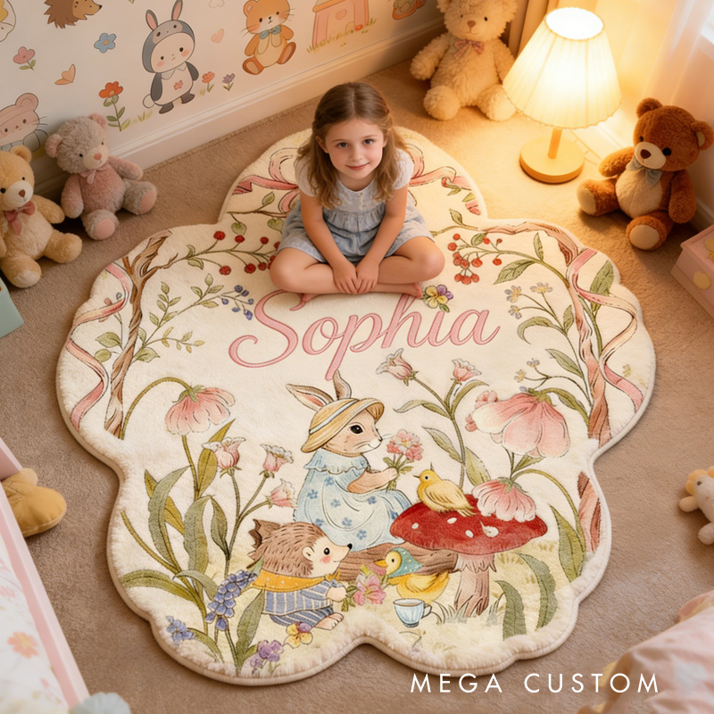 Personalized Woodland Theme Custom Name Cute Animal Forest Scene Soft Flower Shape Carpet Rug for Kids