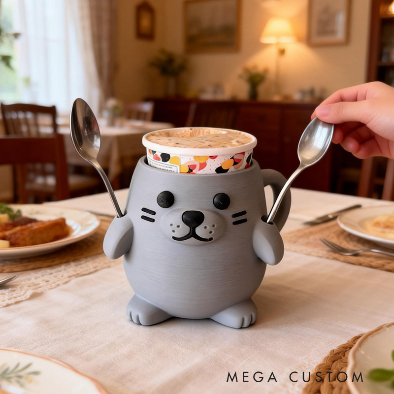 Personalized Animal Theme Custom Name Cute Seal Shape Ice Cream Holder Fun Kitchen 3D Printed Cozy with Spoon Slot