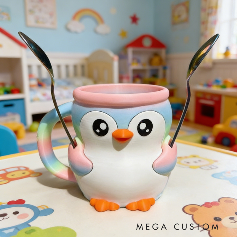 Personalized Cartoon Theme Custom Name Adorable Pink Penguin Dessert Cup Stand 3D Printed Cozy with Spoon Slot