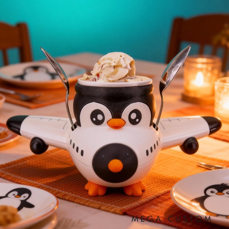 Cute Penguin Flying a Plane Ice Cream Pint Holder 3D Printed Cozy with Spoon Slot Easter Gifts