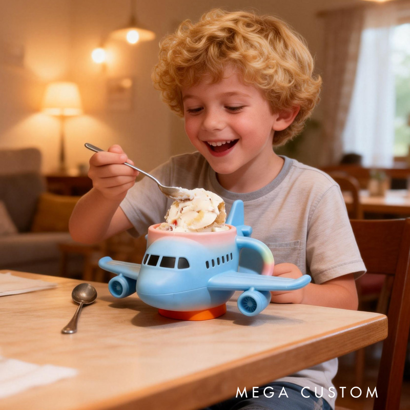 Personalized Airplane Theme Custom Name Cute Blue Plane Shape Ice Cream Holder 3D Printed Cozy with Spoon Slot
