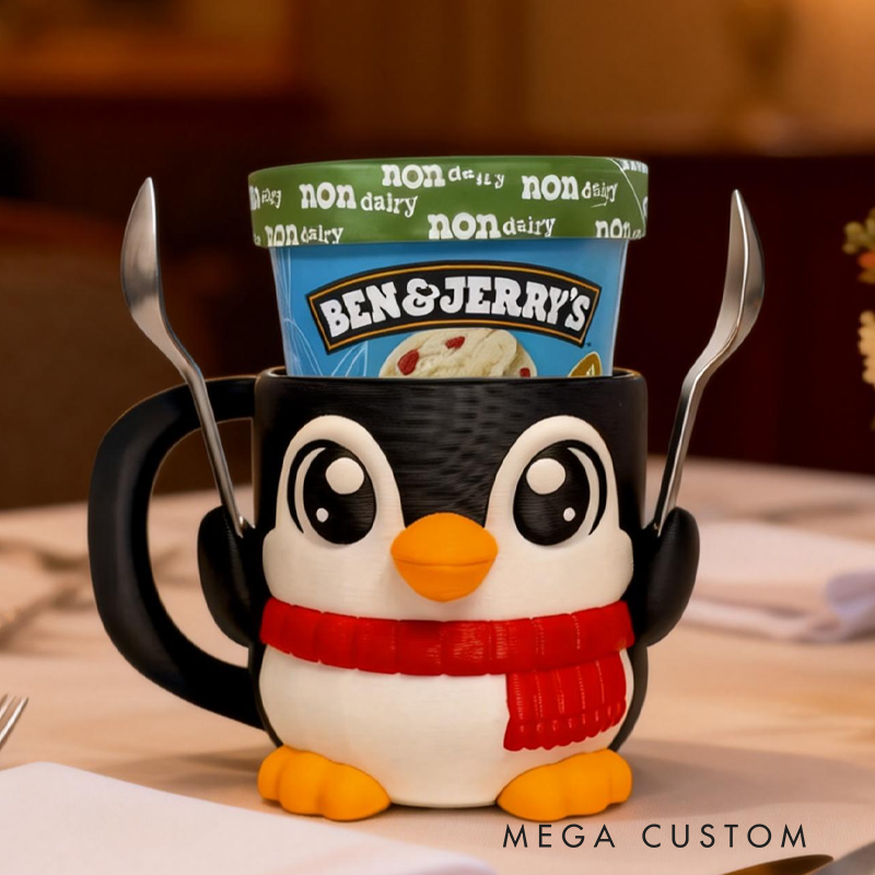 Cute Penguins Wearing Scarves Ice Cream Pint Holder 3D Printed with 2 Spoon Slots Cozy Birthday Gifts for Kids