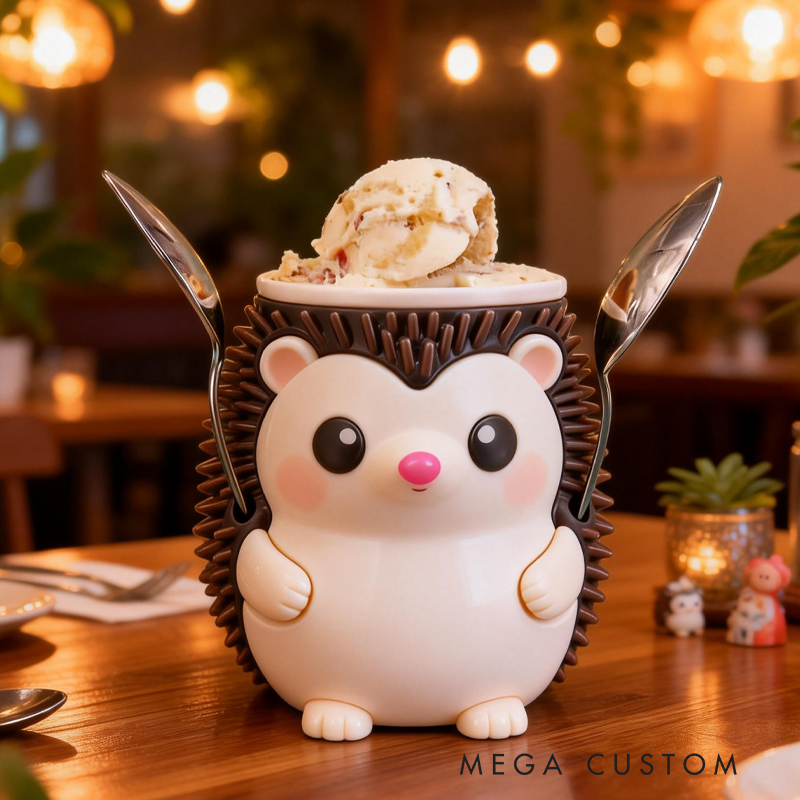 Cute Hedgehog Ice Cream Pint Holder 3D Printed with 2 Spoon Slots Cozy Birthday Gifts for Kids