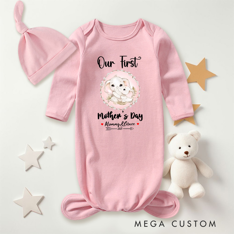 Personalized Adorable Elephant T-Shirt and Baby Onesie Matching Outfit Set Our First Mother's Day Gift for Newborn New Mom