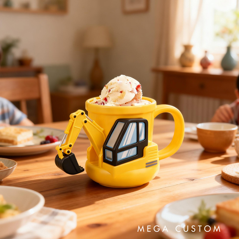 Personalized Construction Theme Custom Name Cute Yellow Excavator Ice Cream Holder 3D Printed Cozy with Spoon Slot