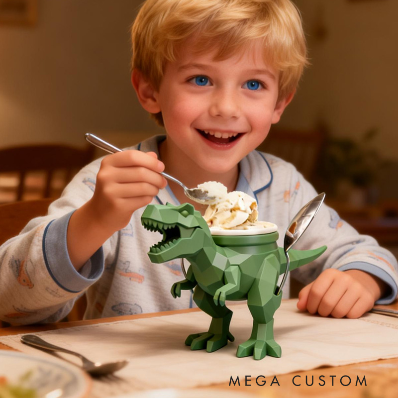 Personalized Dinosaur Theme Custom Name Cool Green T Rex Ice Cream Holder 3D Printed Cozy with Spoon Slot