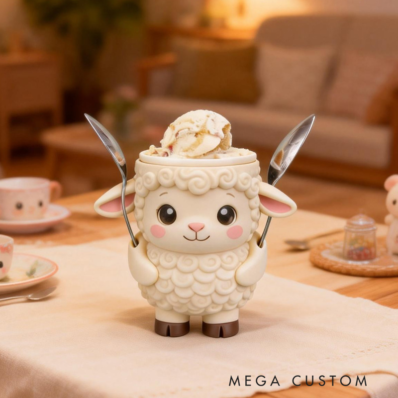 Personalized Kids Theme Custom Name Lovely White Lamb Ice Cream Cup Support 3D Printed Cozy with Spoon Slot
