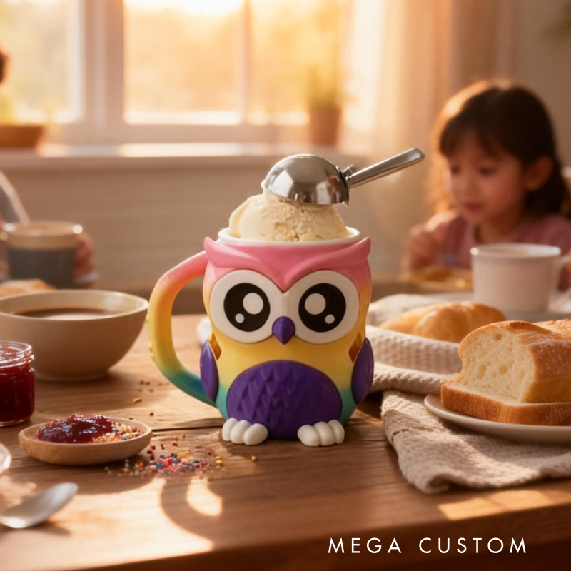 Cartoon Colorful Owl Ice Cream Pint Holder 3D Printed with 2 Spoon Slots Cozy Birthday Gifts for Kids
