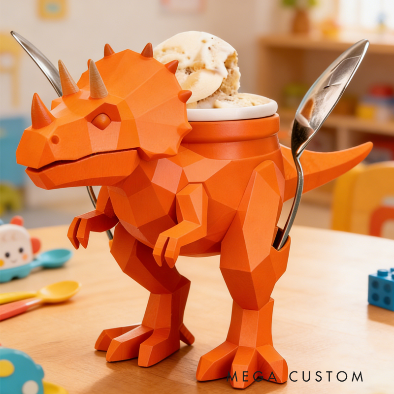 Cool Orange Dinosaur Ice Cream Pint Holder 3D Printed with 2 Spoon Slots Cozy Birthday Gifts for Kids
