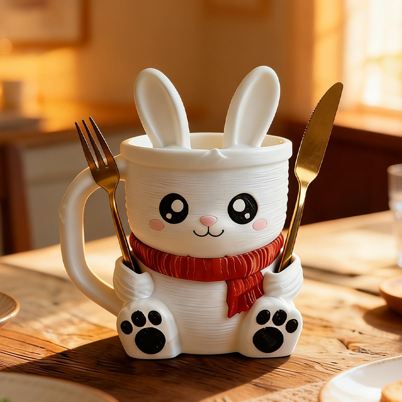 Cartoon Red Scarf Rabbit Ice Cream Pint Holder 3D Printed with 2 Spoon Slots Cozy Birthday Gifts for Kids