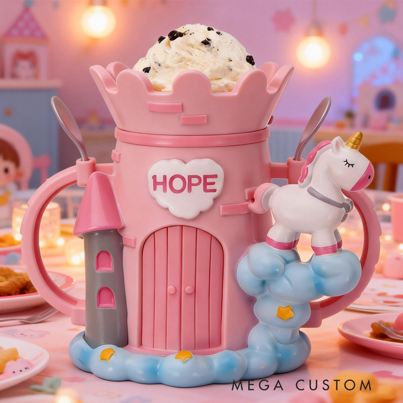Cartoon Unicorn Castle Ice Cream Pint Holder 3D Printed with 2 Spoon Slots Cozy Birthday Gifts for Kids