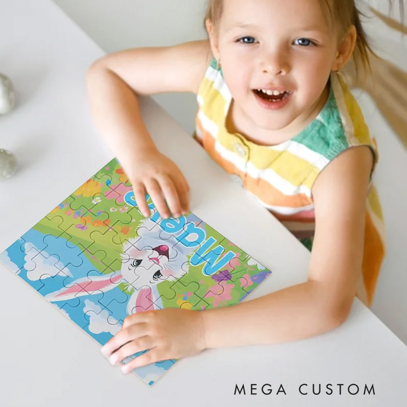 Personalized Floral Easter Eggs Cute Bunny 35 Pieces Puzzle with Name Holiday Basket Stuffers Easter Party Birthday Gift for Boys Girls