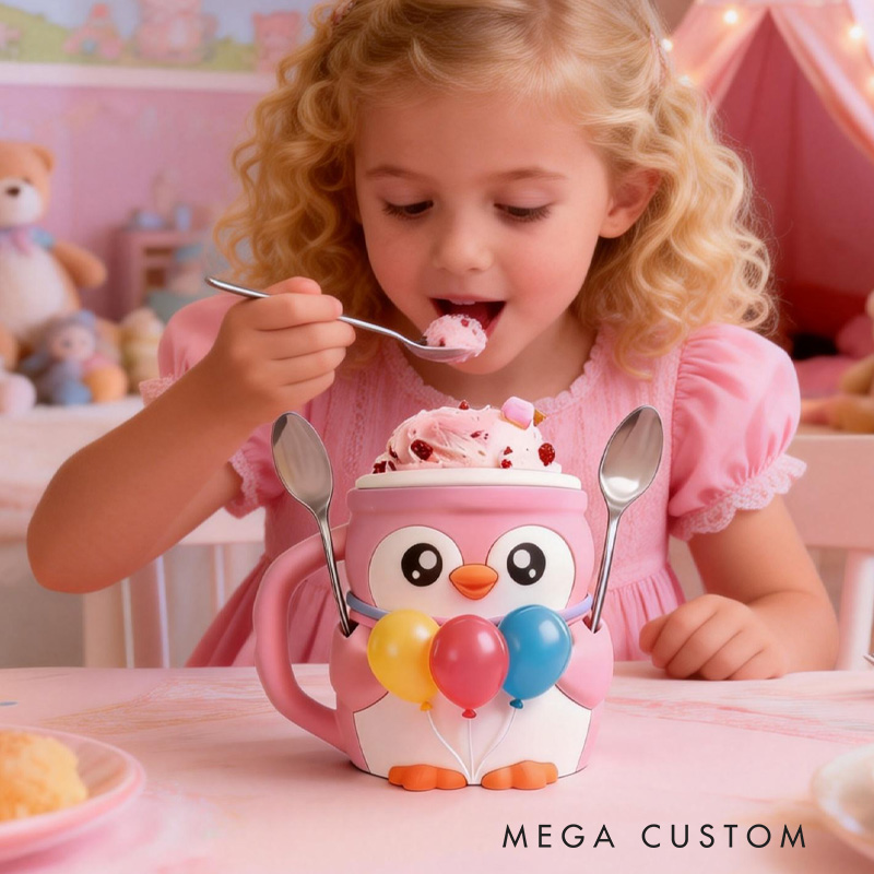 Personalized Party Theme Custom Name Adorable Penguin with Balloons Dessert Stand 3D Printed Cozy with Spoon Slot