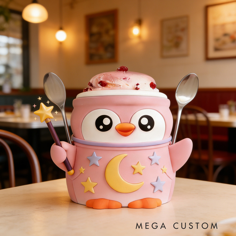 Personalized Night Theme Adorable Penguin with Moon and Stars Stand 3D Printed Cozy with Spoon Slot
