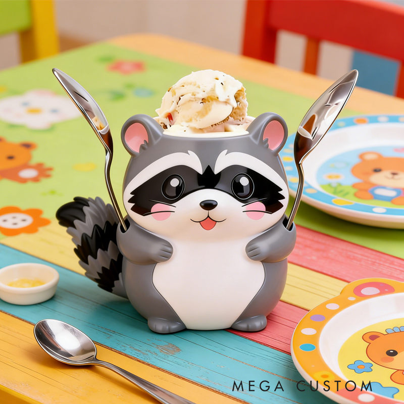 Cute Cartoon Raccoon Ice Cream Pint Holder 3D Printed with 2 Spoon Slots Cozy Birthday Gifts for Kids
