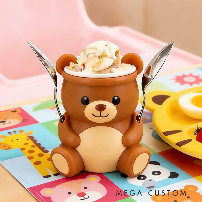 Cute Brown Bear Ice Cream Pint Holder 3D Printed with 2 Spoon Slots Cozy Birthday Gifts for Kids