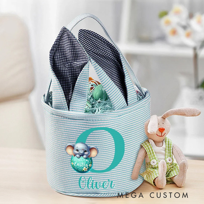 Personalized Multi-Color Cute Animal Bunny Ears Easter Basket with Name and Initial Daily Use Holiday Party Easter Gift for Children
