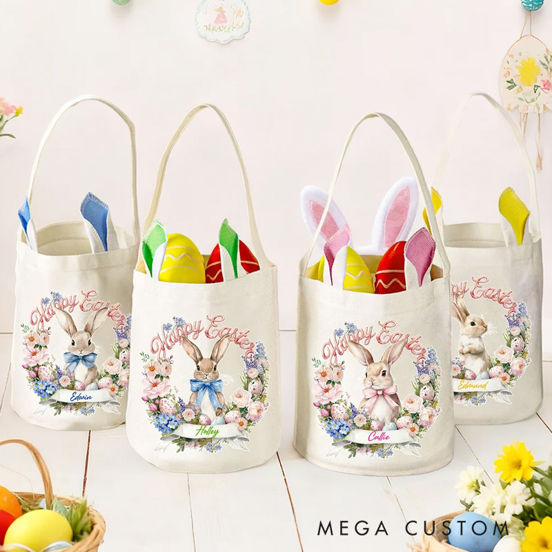 Personalized Wreath Cartoon Rabbit Easter Basket with Name and Bunny Ears Egg Hunting Accessory Easter Gift for Kids