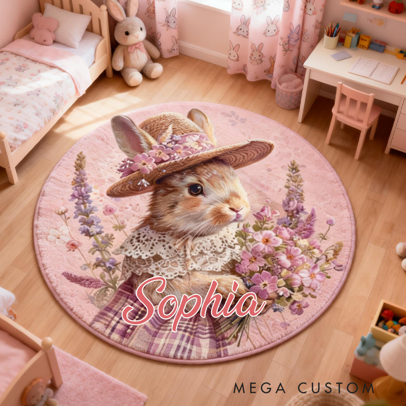 Personalized Spring Floral Bunny Rug with Name Home Decor Easter Gift for Kids