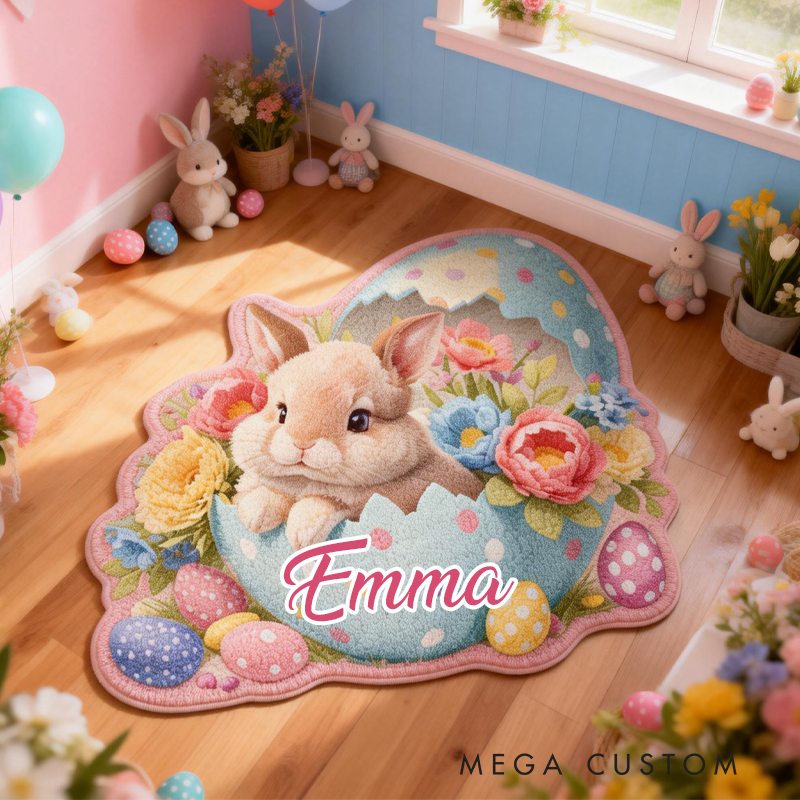Personalized Cute Easter Bunnies and Eggs Rug with Name Home Decor Easter Gift for Kids
