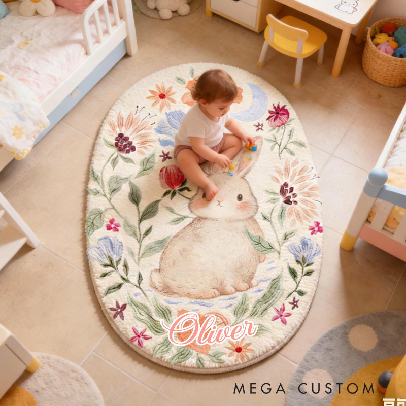 Personalized Unique Custom Name Adorable Rabbit Surrounded by Flowers Bedroom Carpet Rug for Kids