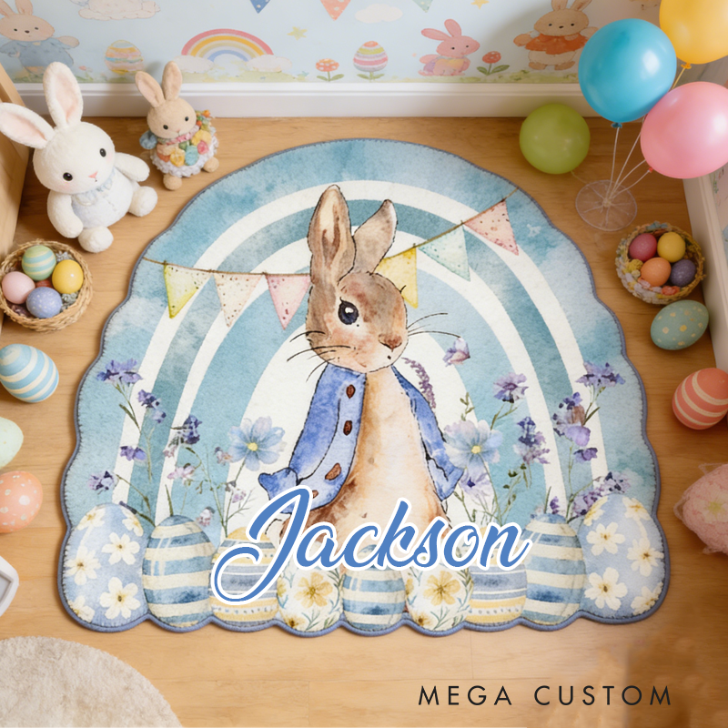 Personalized Cute Pink and Blue Easter Bunnies Rug with Name Home Decor Easter Gift for Kids