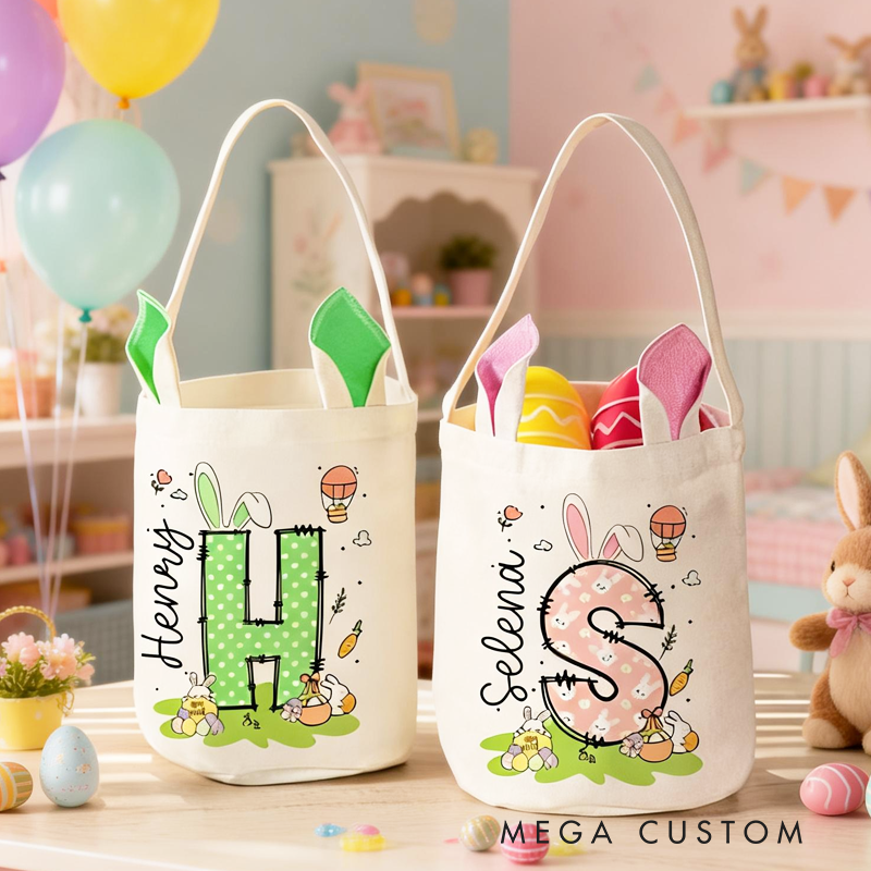 Personalized Easter Bunny Carrot Eggs Large Capacity Basket with Name and Initial Easter Eggs Hunting Party Favors Gift for Boys Girls