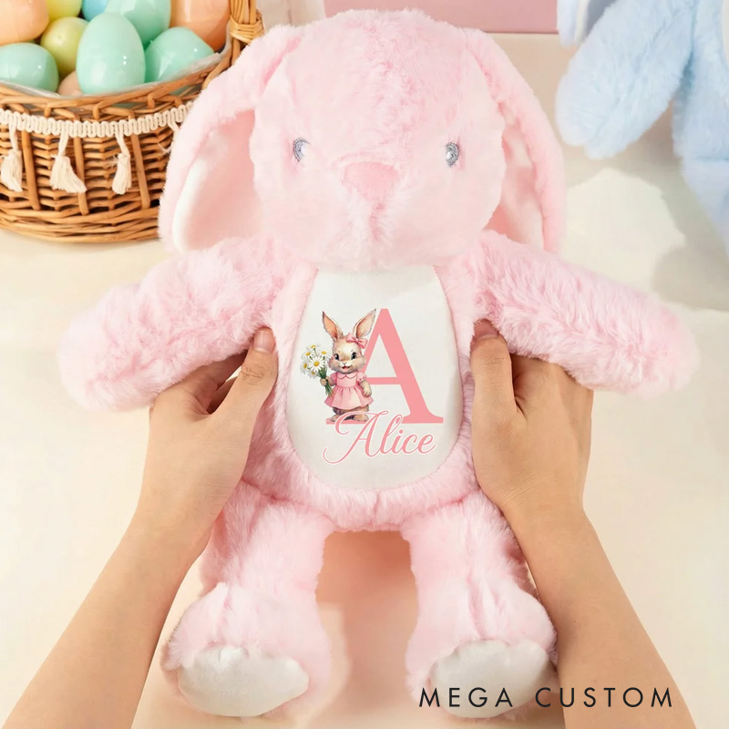 Personalized Cute Rabbit Plush Easter Bunny Stuffed Toy with Initial Name and Birth Flower Easter Gift for Newborns Kids