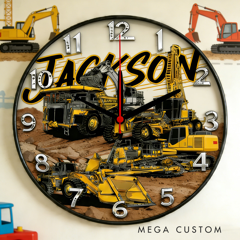 Personalized Unique Custom Name Heavy Equipment Builder Style Boys Bedroom Decor 3D Printed Wall Clock