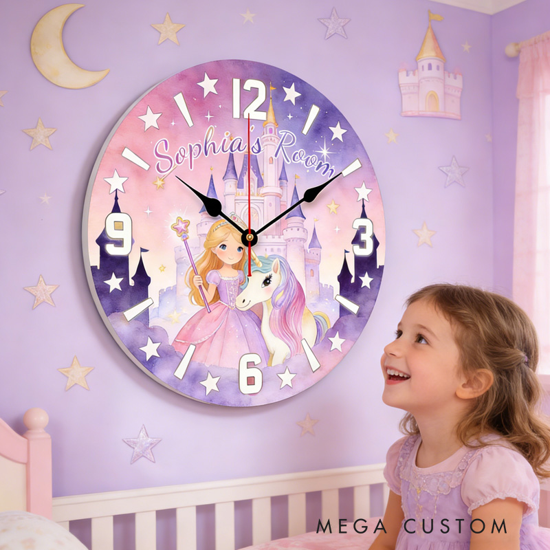 Personalized Unique Custom Name Fairy Tale Magic Kingdom Style Kids Bedroom Decor 3D Printed Wall Clock