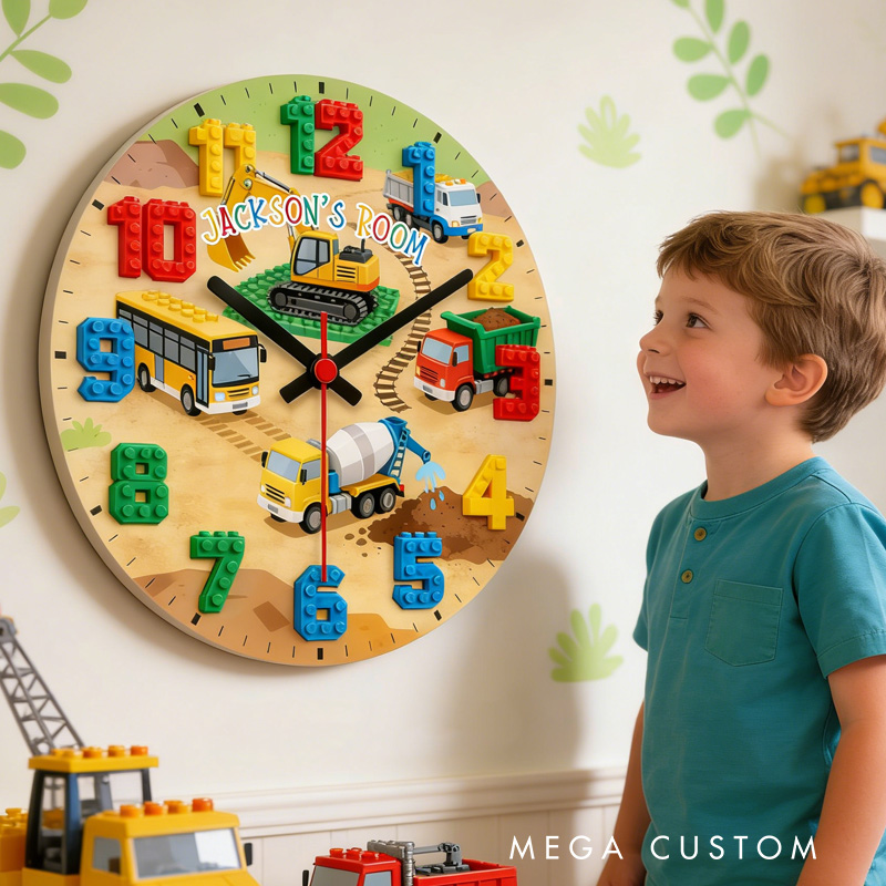 Personalized Unique Custom Name Building Blocks Vehicle Theme Boys Bedroom Decor 3D Printed Wall Clock