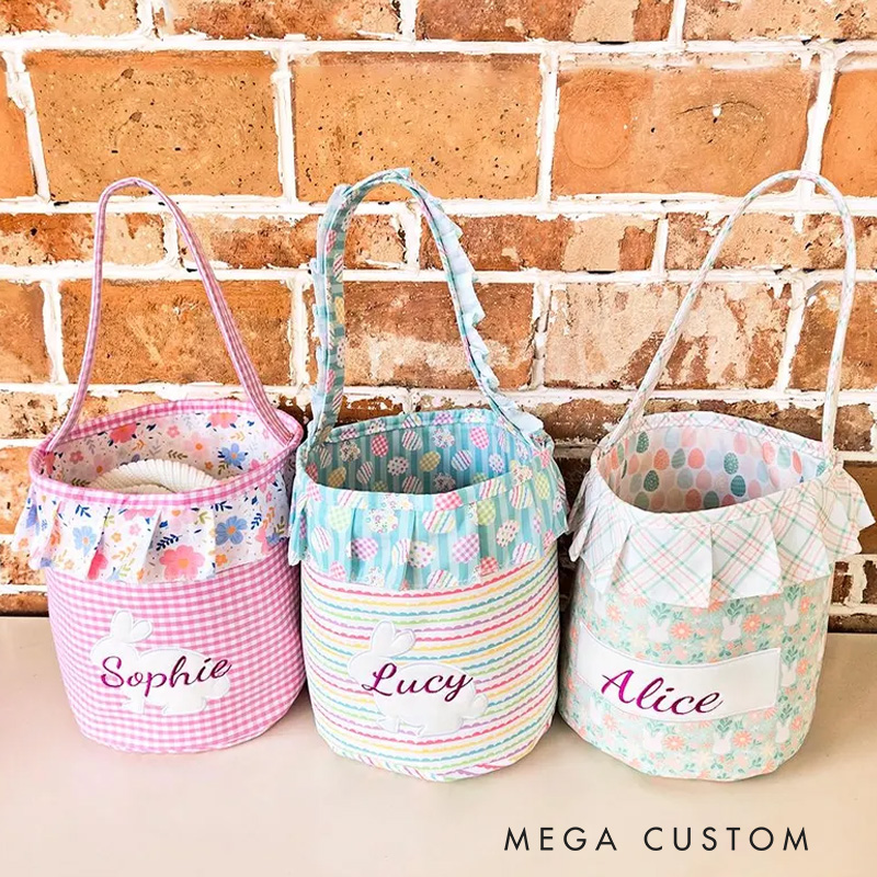 Personalized Unique Custom Name Adorable Rabbit Surrounded by Flowers Kids Holiday Treat Holder Easter Basket