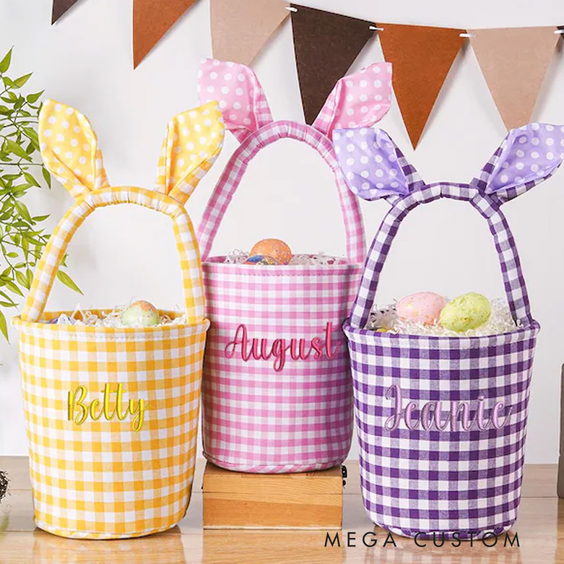 Personalized Unique Custom Name Gingham Bunny Ear Design Holiday Treat Holder Easter Basket