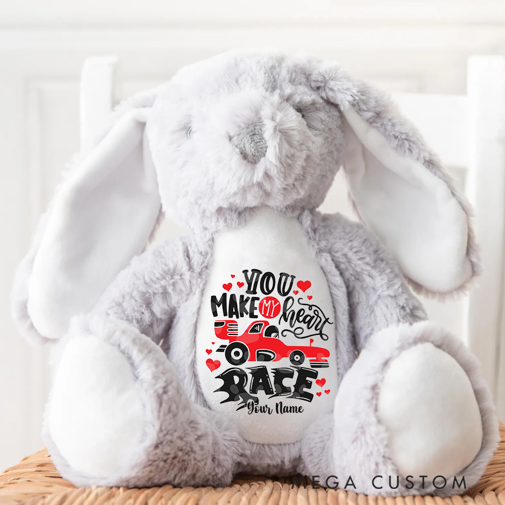 Personalized Racing Bunny Plush Custom Gift for Easter Valentine’s Day and Car Enthusiasts