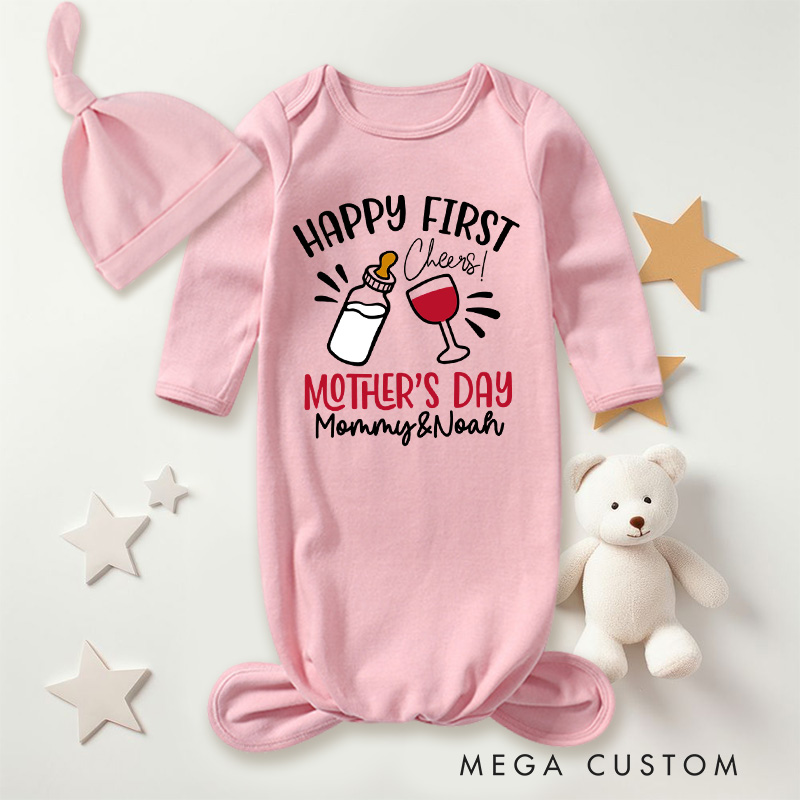 Personalized Cheers with Milk Bottle and Wine Glass for First Mother's Day Celebration Baby Gowns