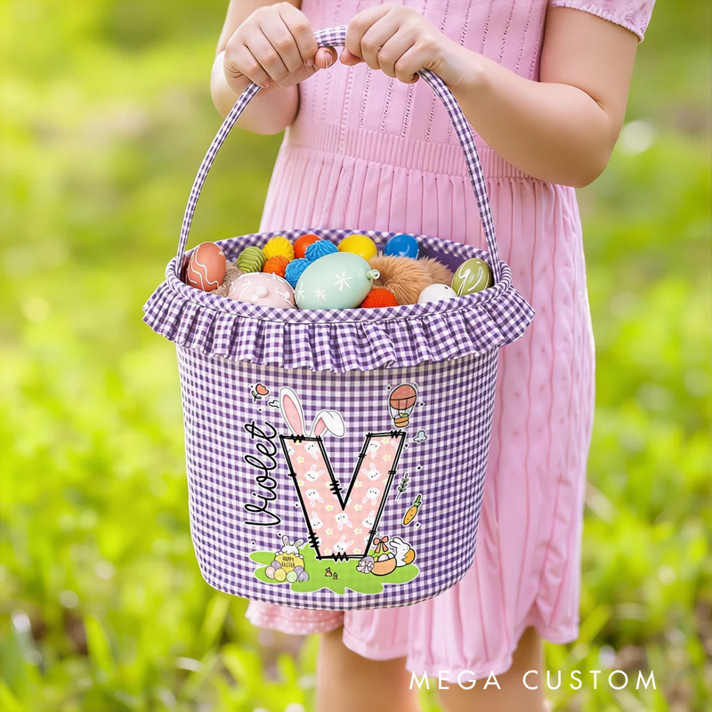 Personalized Cute Bunny Initial Flower Plaid Easter Basket with Name Easter Egg Hunt Easter Gift for Boys Girls